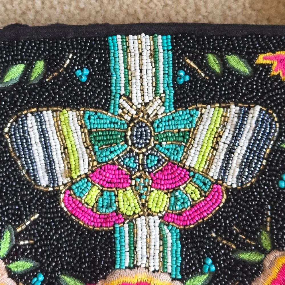 NWT America & Beyond Embellished Beaded Embroidered Tote--Midnight Butterflies
